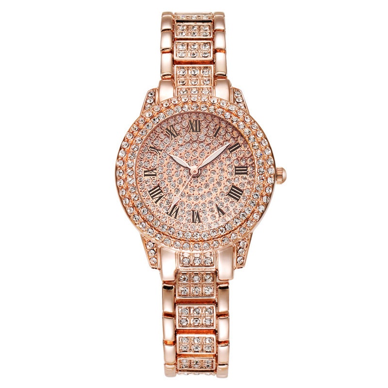 Tiktok trendy popular Roman digital luxury diamond-embedded Cuban bracelet with womens watch fashion hip hop steel watch Rose Gold