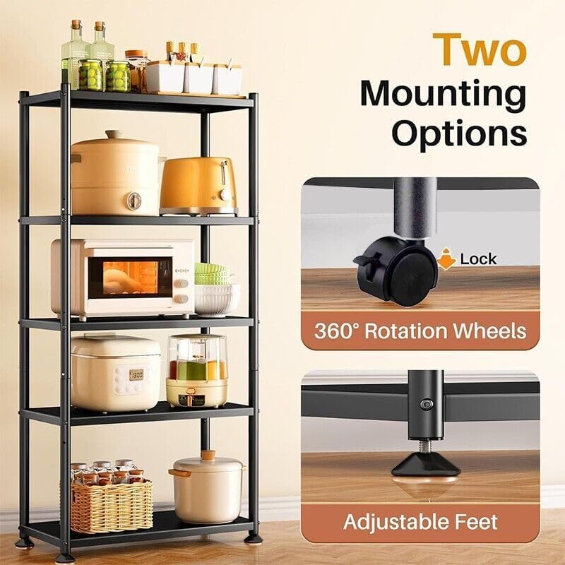 5 Tier Adjustable Storage Shelves, Heavy Duty Metal Storage Rack with Wheels, Shelving Units Utility Shelf for Kitchen, Pantry, Bathroom, Garage, Office Organization and Storage