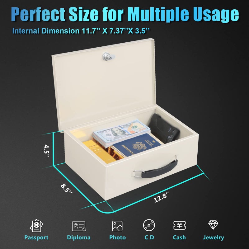xydled Fire Resistant Safe Fire Safe Box with Key Lock for Home Office Security Storage for Valuables Documents,12.8 x 8.5 x 4.5 Inch,White,Beige - Image 5