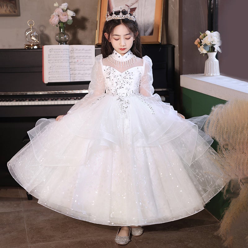 Little Girl Flower Girl Wedding Fashion Dress Girls Show Princess Dress Host Long Dress Childrens Summer dress white long sleeve 
