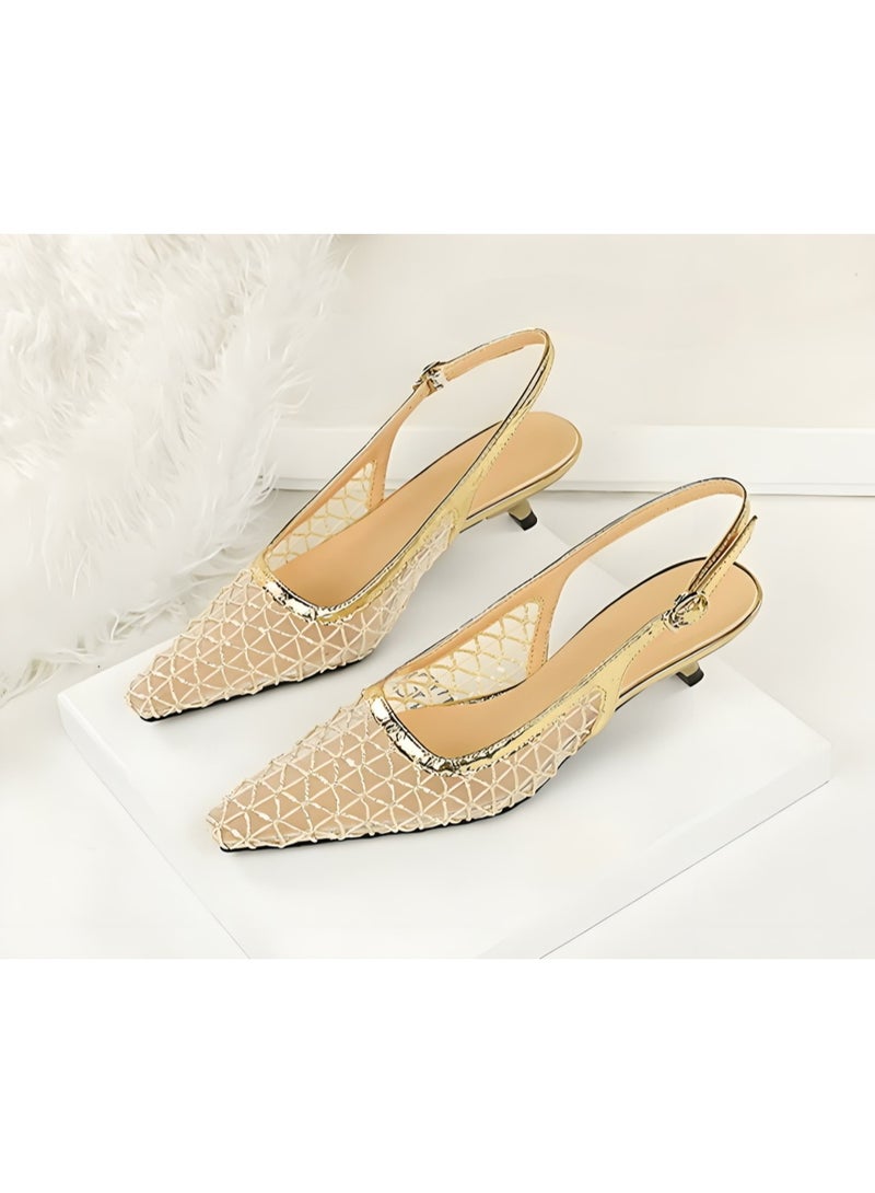 BIGTREE Women's Mesh Closed Pointed Toe Kitten Heel Pumps Slingback Low Heels Sandal Pale Gold 3CM - Image 1