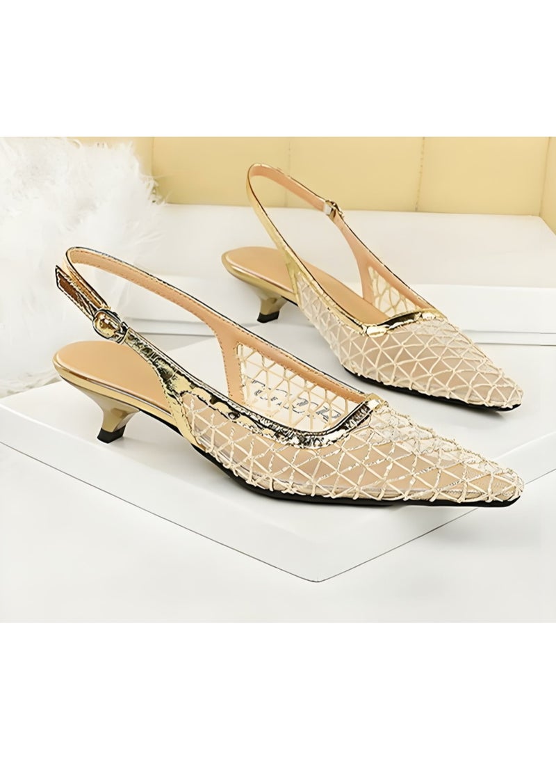 BIGTREE Women's Mesh Closed Pointed Toe Kitten Heel Pumps Slingback Low Heels Sandal Pale Gold 3CM - Image 2