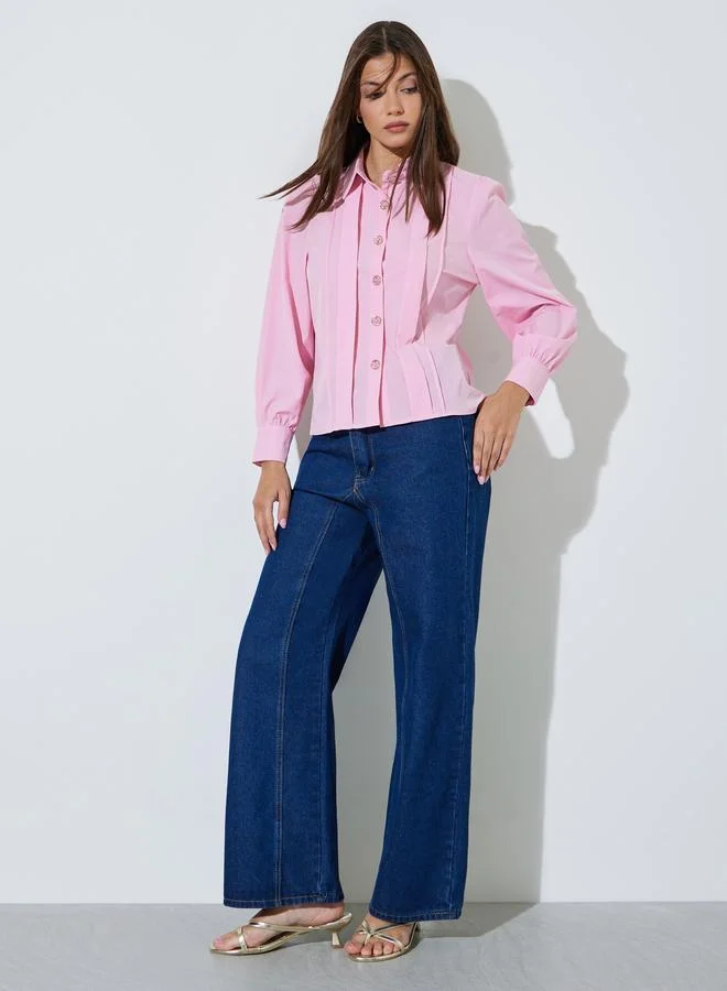 ستايلي Pink Fold Pleated Long Sleeve Shirt