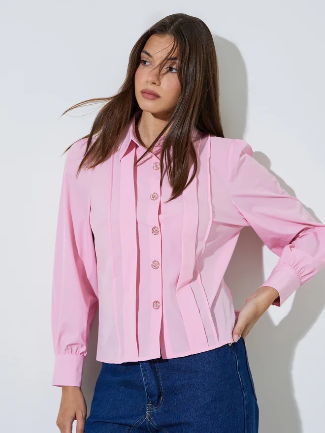 Styli Styli Pink Fold Pleated Long Sleeve Shirt
