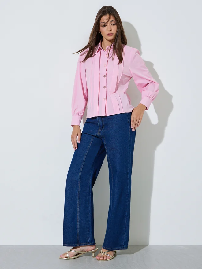 Styli Styli Pink Fold Pleated Long Sleeve Shirt