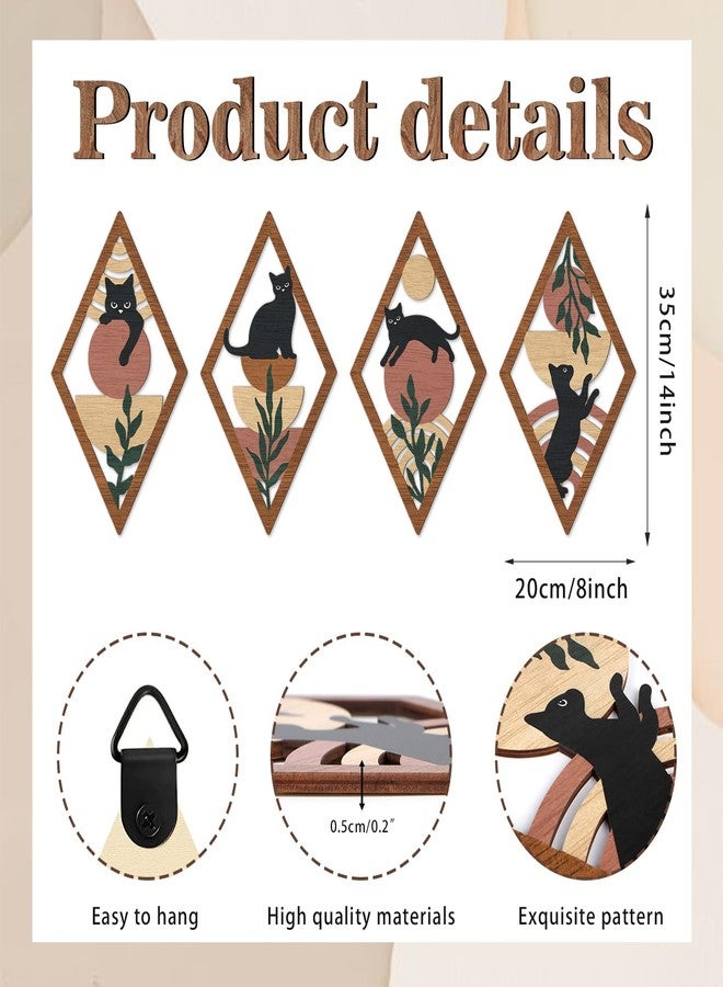 TOARTi 4Pcs Minimalist Boho Black Cat Wall Art Set Geometric Wooden Cat Wall Decor Bohemian Black Cats Hanging Sign Abstract Boho Cats Wood Sign for Bedroom Living Room Farmhouse Aesthetic Geometric - Image 2