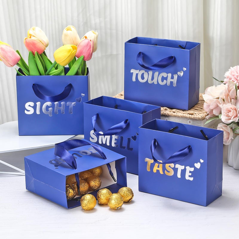 EQOREIIN 30 Pack 5 senses gift bags for him with labels,5.5x 2.5x4.7 Inch Sight Smell Touch Taste Sound Small Gift Bags with Handle for Men Birthday, Anniversary, Mother's Day, Valentine's Day(Blue Sliver) - Image 3