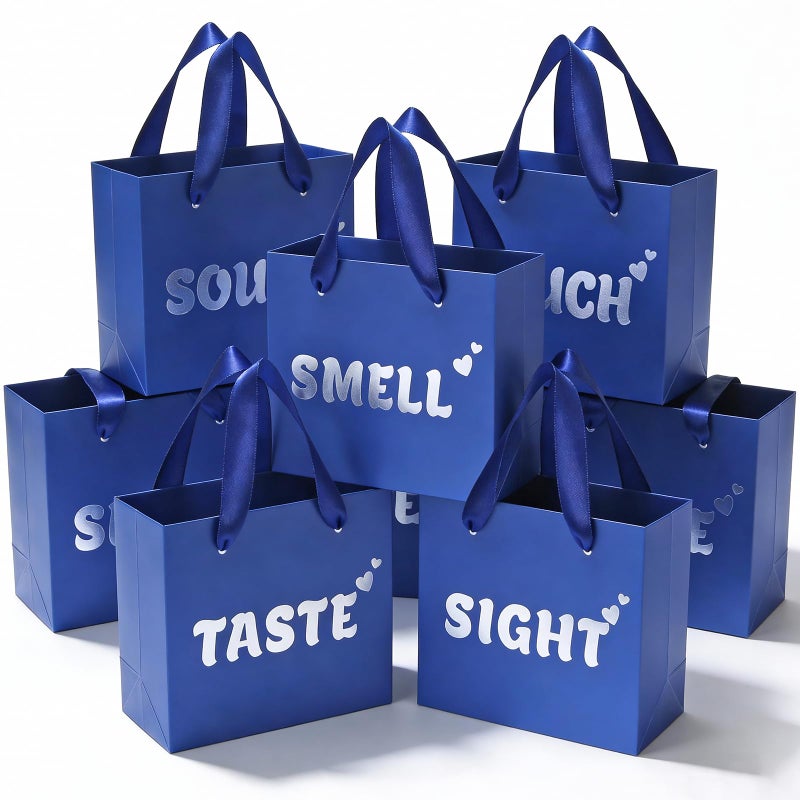 EQOREIIN 30 Pack 5 senses gift bags for him with labels,5.5x 2.5x4.7 Inch Sight Smell Touch Taste Sound Small Gift Bags with Handle for Men Birthday, Anniversary, Mother's Day, Valentine's Day(Blue Sliver) - Image 1