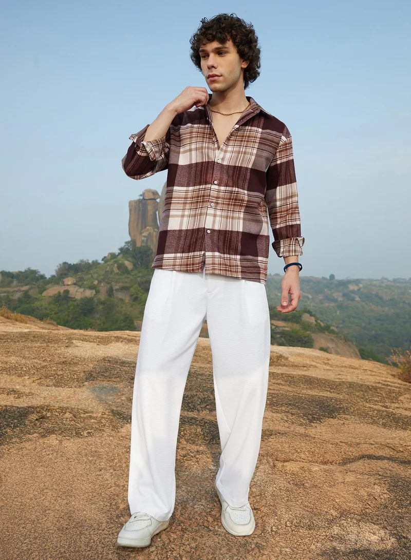 Campus Sutra Men's Mocha Brown Plaid Oversized Shirt