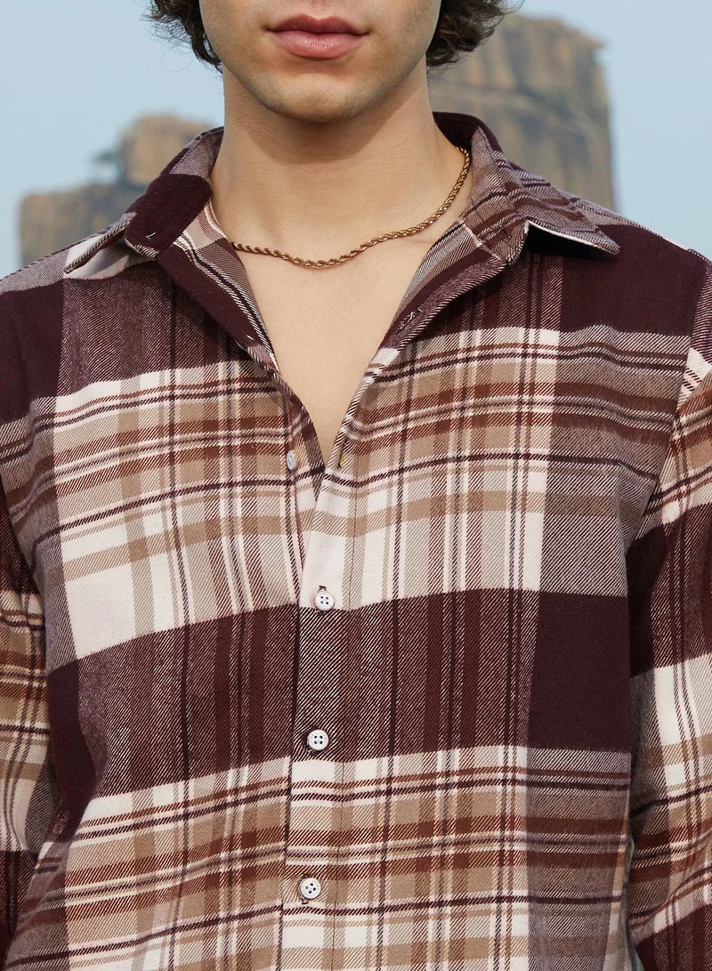 Campus Sutra Men's Mocha Brown Plaid Oversized Shirt