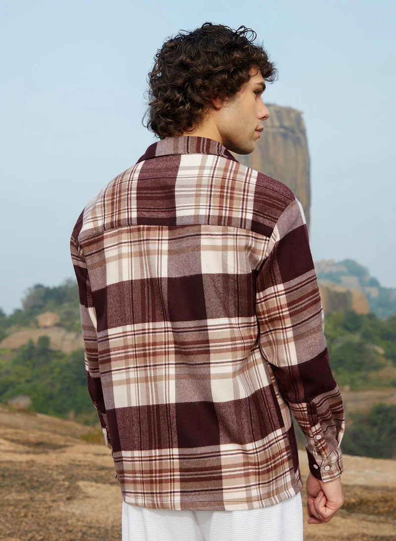 Campus Sutra Men's Mocha Brown Plaid Oversized Shirt
