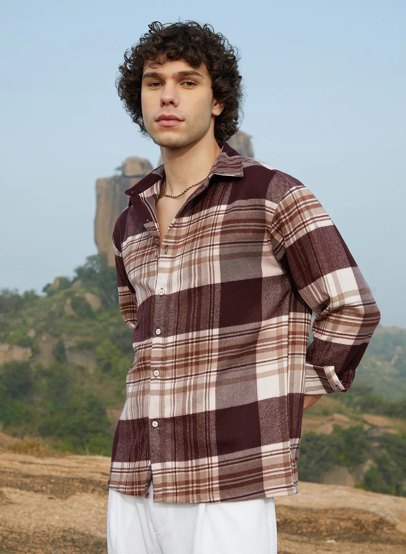 Campus Sutra Men's Mocha Brown Plaid Oversized Shirt