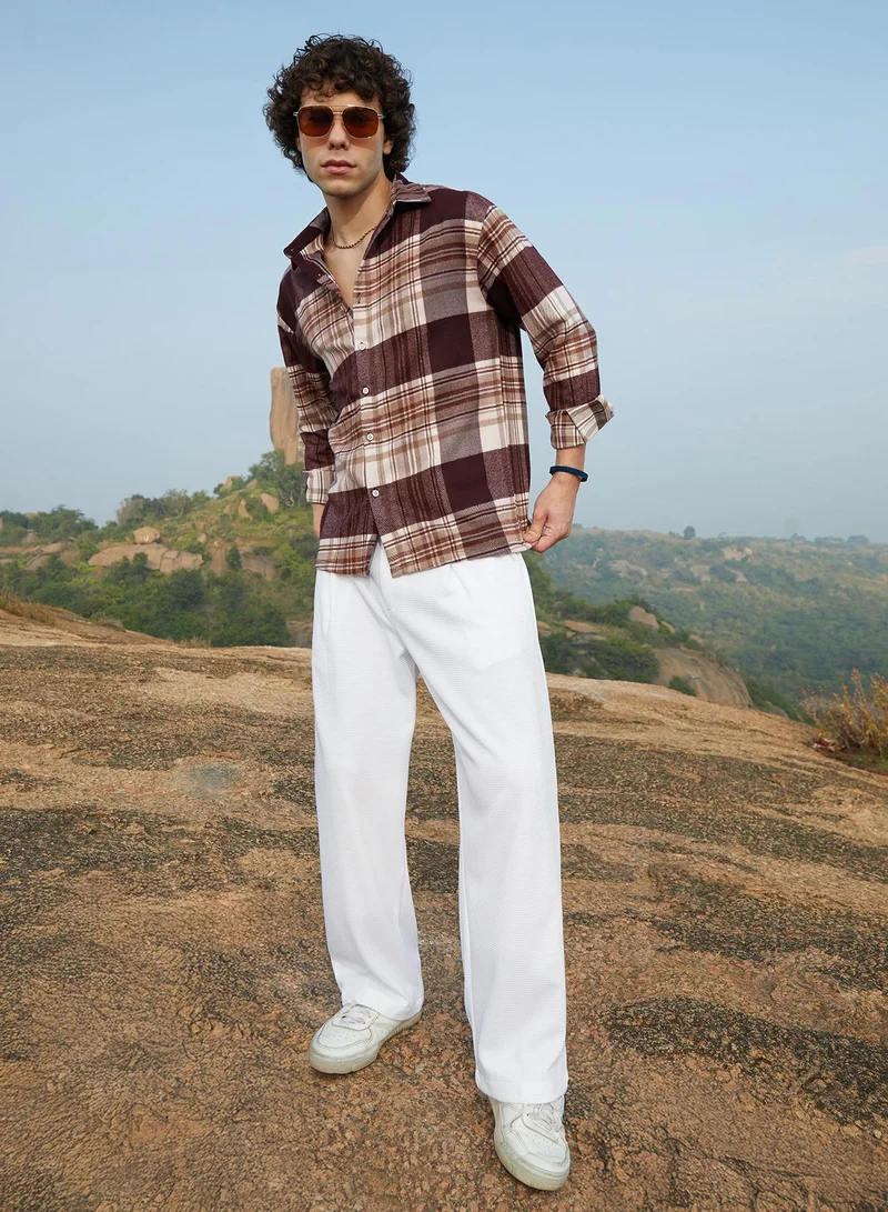 Campus Sutra Men's Mocha Brown Plaid Oversized Shirt