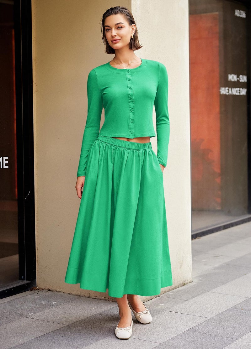 Panadila Womens 2 Piece Lounge Sets Matching Vacation Outfits Ribbed Button Down Cardigan and Elastic Waist Skirt Sets (Pea Green,S) - Image 5