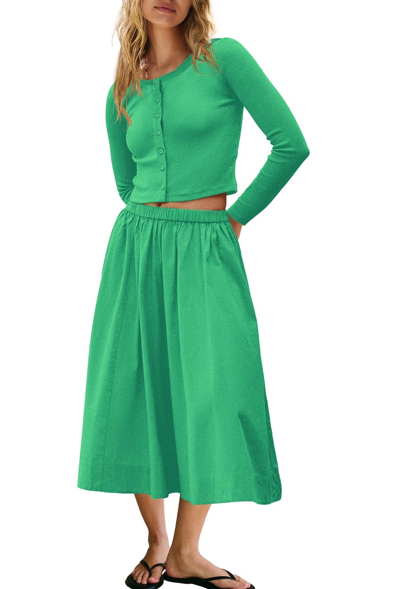 Panadila Womens 2 Piece Lounge Sets Matching Vacation Outfits Ribbed Button Down Cardigan and Elastic Waist Skirt Sets (Pea Green,S) - Image 1