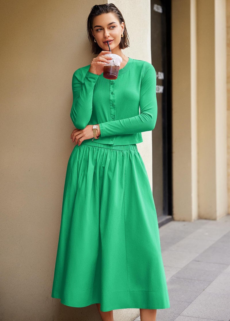 Panadila Womens 2 Piece Lounge Sets Matching Vacation Outfits Ribbed Button Down Cardigan and Elastic Waist Skirt Sets (Pea Green,S) - Image 3