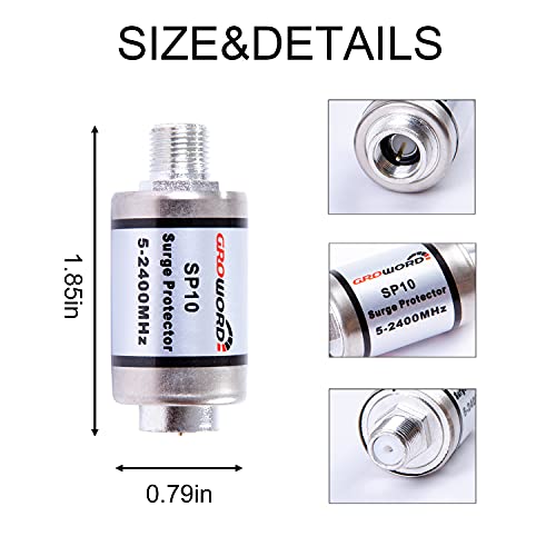 groword Coaxial Surge Lightning Protector for Coaxial TV Antenna and Satellite in-Line 75 Ohm 5-2500MHz, 2 Pack Hum/Buzz/Noise Eliminator,Low Loss (5-2400MHz) - Image 2