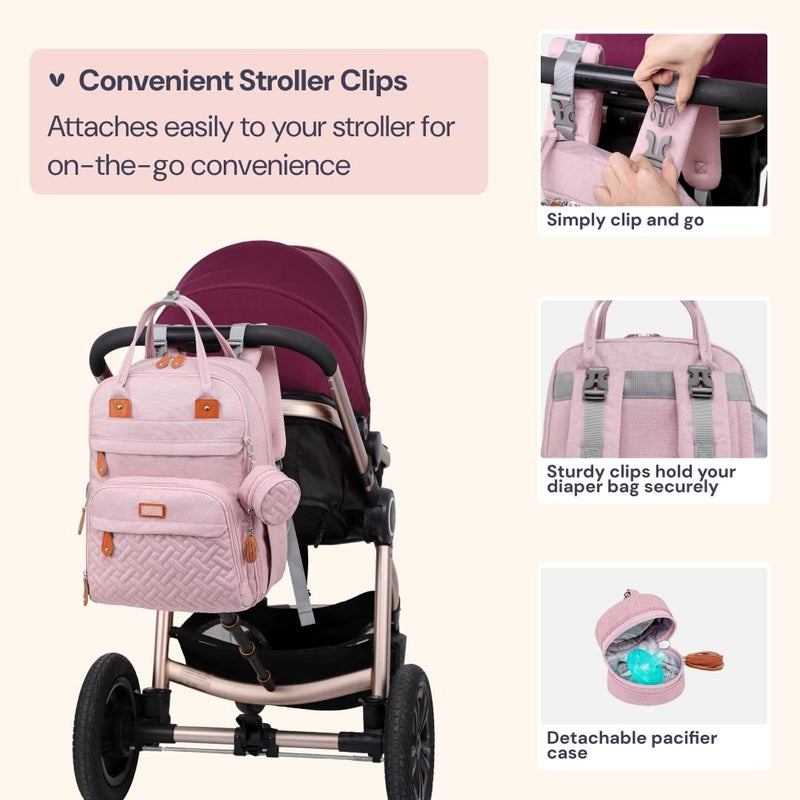 BabbleRoo Diaper Bag Backpack - Baby Essentials Travel Tote Multi function Waterproof Bag, with Changing Pad, Stroller Straps & Pacifier Case Unisex, Pink - Image 5
