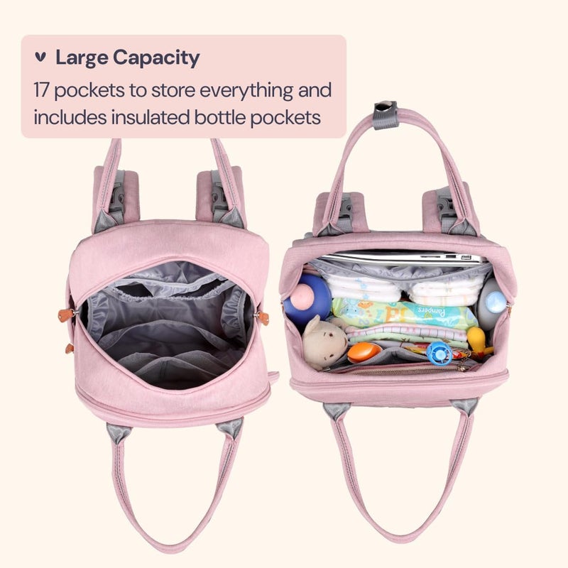 BabbleRoo Diaper Bag Backpack - Baby Essentials Travel Tote Multi function Waterproof Bag, with Changing Pad, Stroller Straps & Pacifier Case Unisex, Pink - Image 2