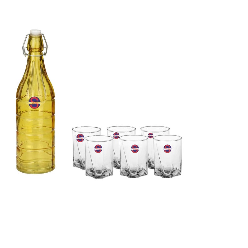 Somil Glass and Bottle Water Other Hot Cold Beverage Serving Set for Home Bar Restaurant 6 Glasses 1 Lt Bottle Yellow Transparent - Image 1