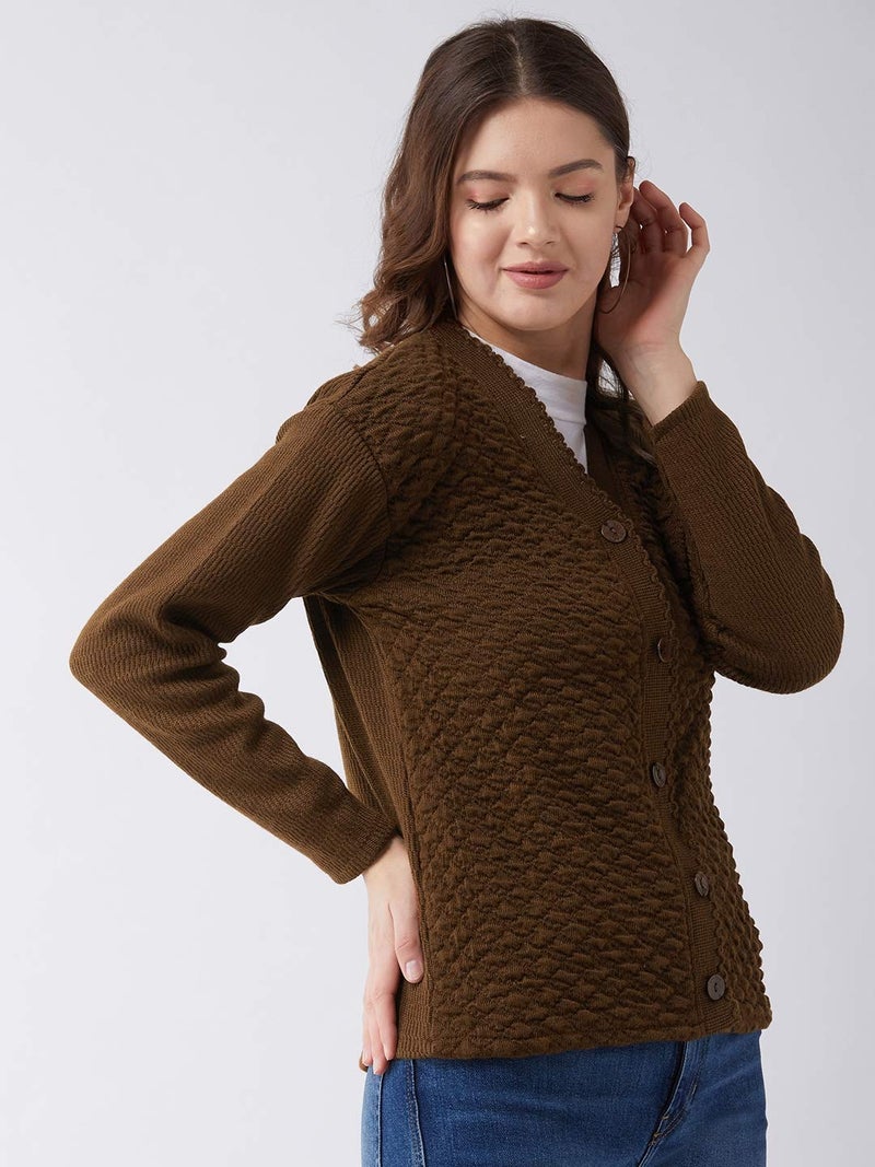 Pivl Self Design V Neck Casual Women Sweater/Cardigan for Winter (X-Large, Brown) - Image 4