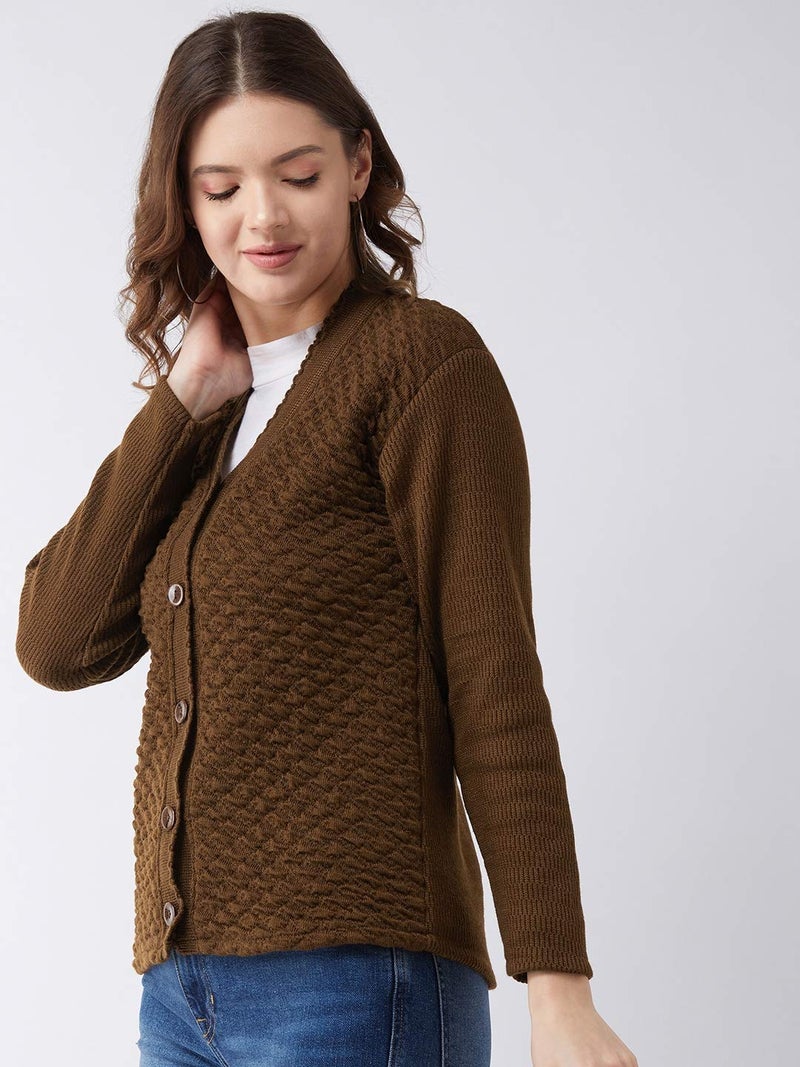 Pivl Self Design V Neck Casual Women Sweater/Cardigan for Winter (X-Large, Brown) - Image 3