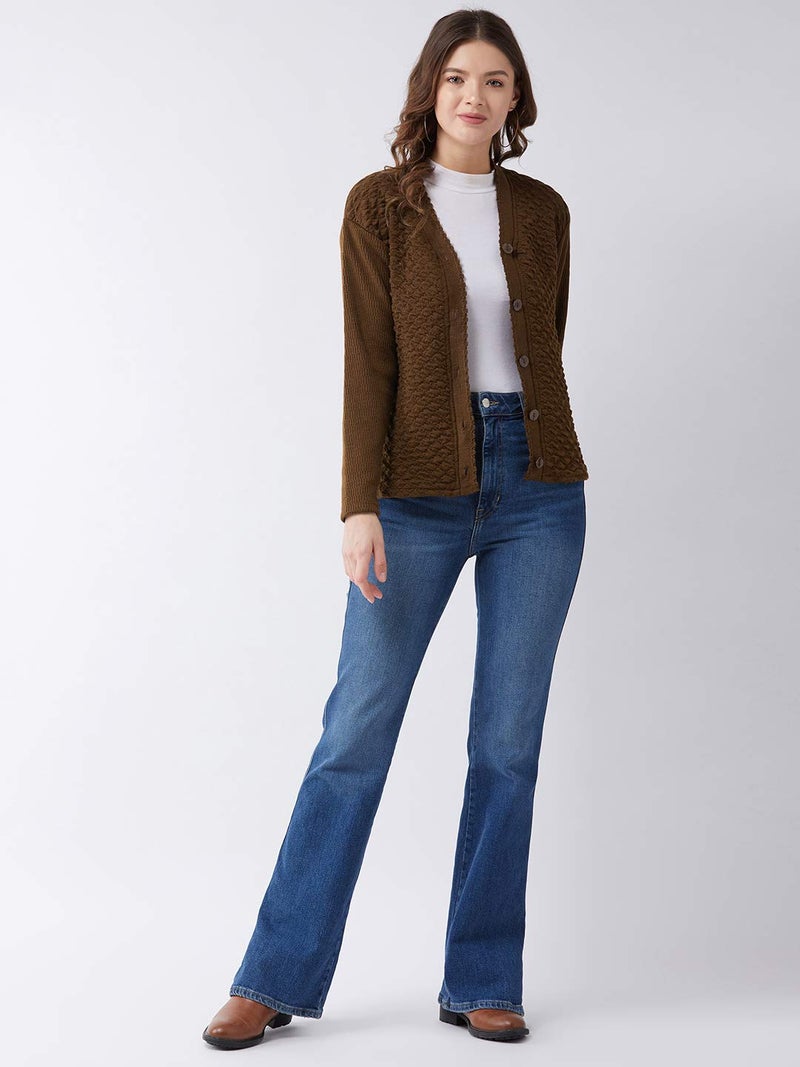 Pivl Self Design V Neck Casual Women Sweater/Cardigan for Winter (X-Large, Brown) - Image 2