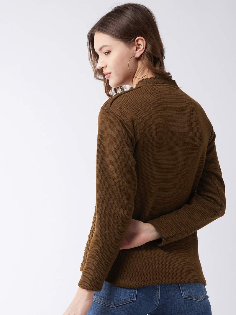 Pivl Self Design V Neck Casual Women Sweater/Cardigan for Winter (X-Large, Brown) - Image 5