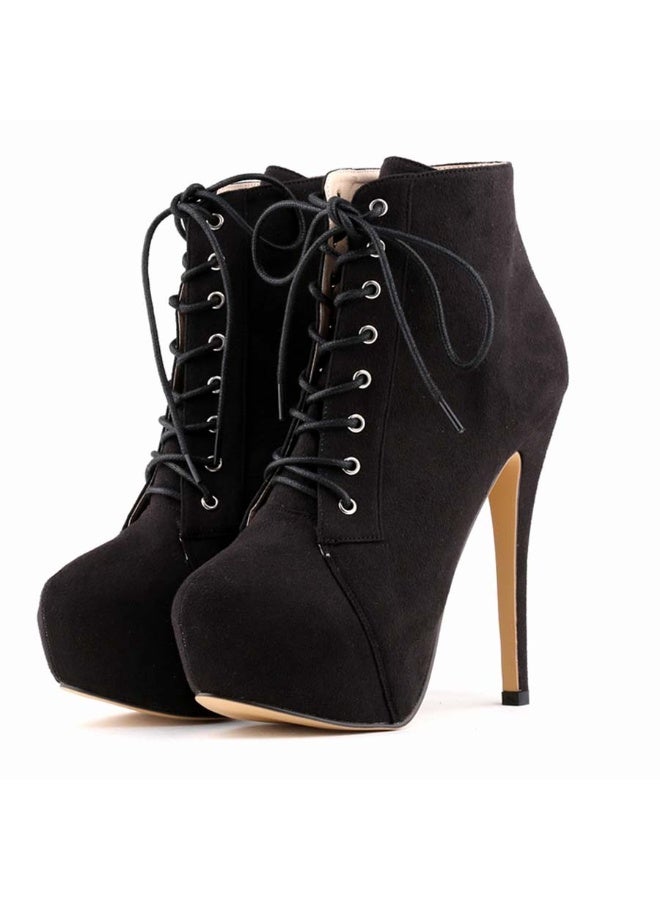 Loquat Short Shaft Ankle Strap Platform Ultra High Heel Martens Boots 14cm Black  - Image 3