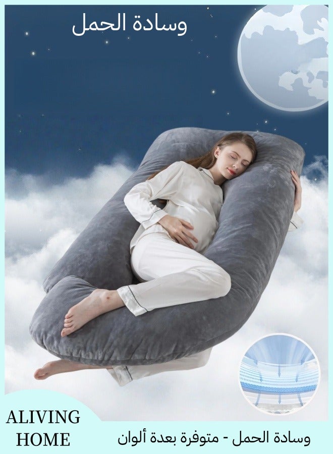 أَليفينجهوم مخدة حوامل  للنوم، وسادة حمل على شكل حرف G لدعم الأمومة لكامل الجسم، وسادة للحوامل بغطاء مخملي قابل للإزالة من القطن، مخدة دعم الأمومة لكامل الجسم (رمادي غامق) - Image 1
