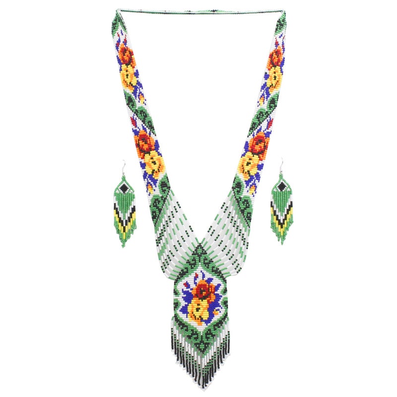 BeadsCorner Native Tribal Style Long Statement Beaded Necklace for Women Handmade (Green Flower) - Image 1