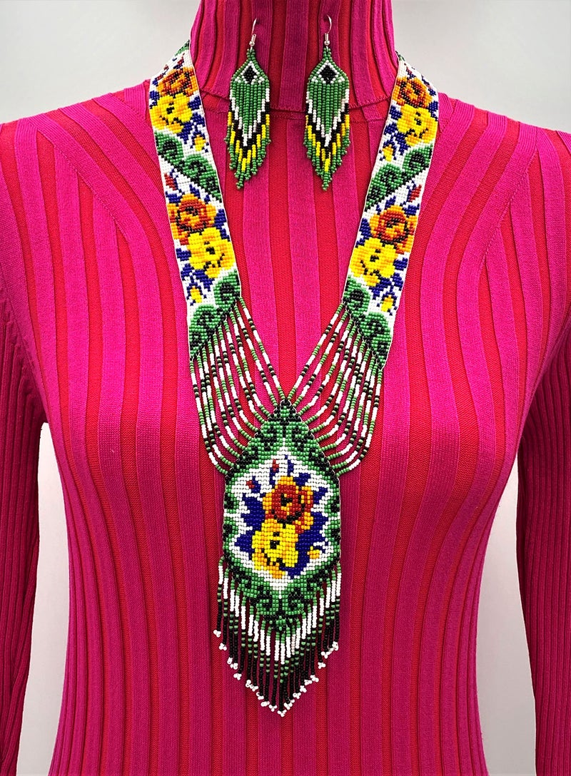BeadsCorner Native Tribal Style Long Statement Beaded Necklace for Women Handmade (Green Flower) - Image 2