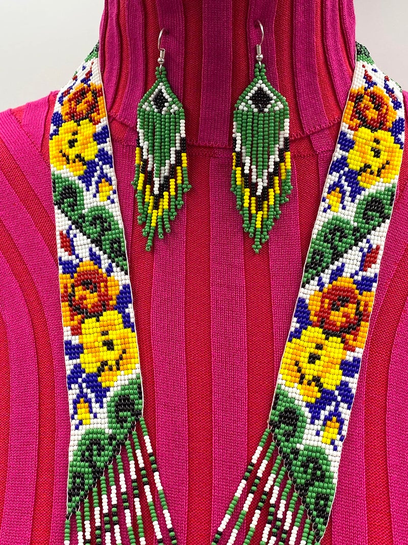 BeadsCorner Native Tribal Style Long Statement Beaded Necklace for Women Handmade (Green Flower) - Image 5