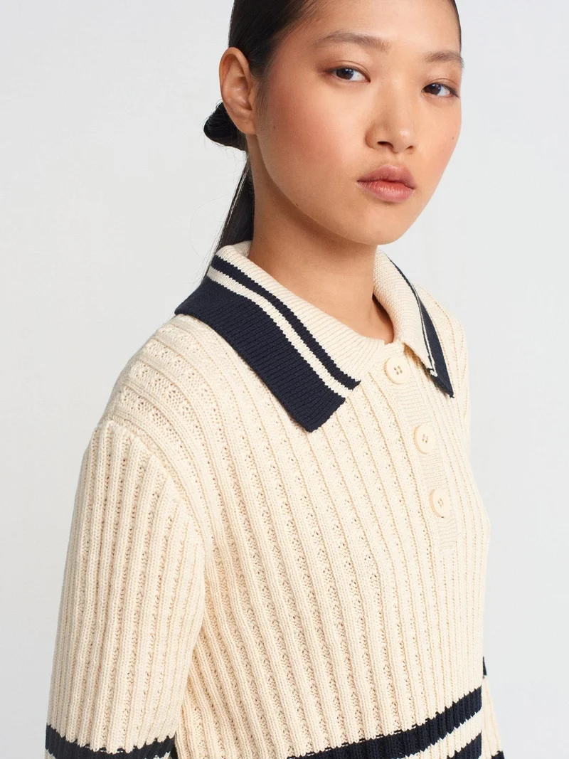 Dilvin Kadım 10695 Polo Collar Striped Buttoned Knitwear Sweater-Burgundy-Ecru