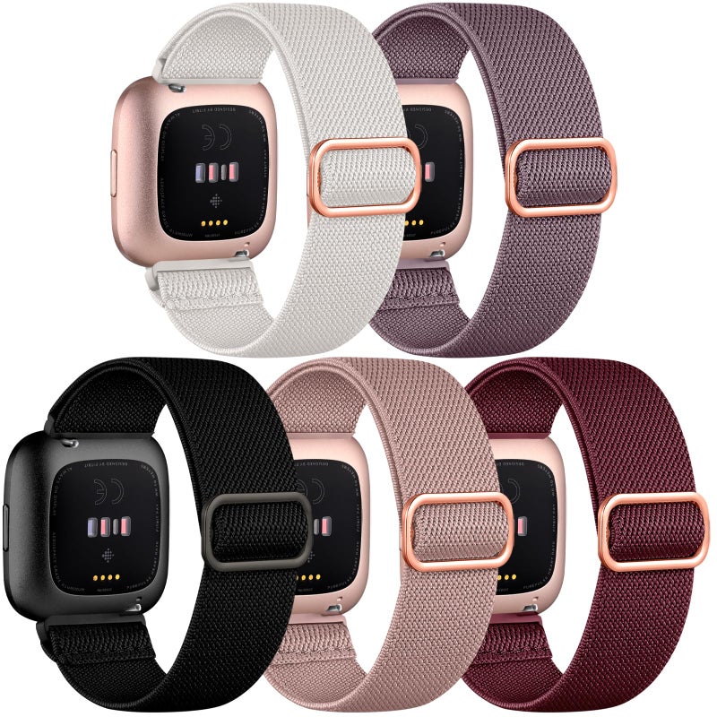 DaQin Elastic Sport Nylon Band Compatible with Fitbit Versa 2 Watch Bands Women Men, 5 Pack Adjustable Stretchy Solo Loop Wristband for Versa/Versa Lite/SE/Fitbit Versa 2 Bands Women of Smartwatch - Image 1