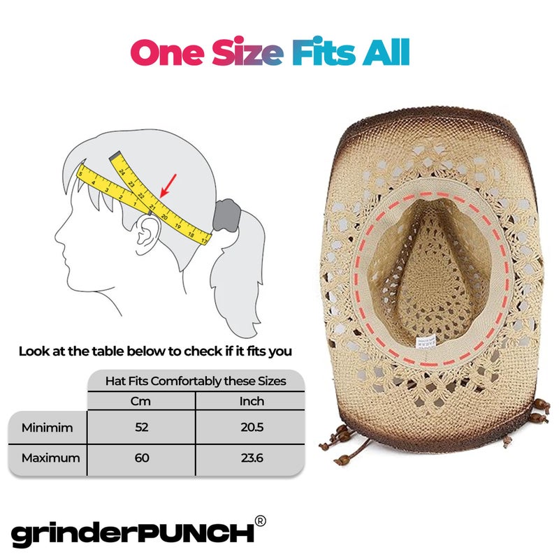 grinderPUNCH Western Outback Cowboy Hat Men's Women's Style Classic Straw Western Cowgirl Hat (US, Numeric, 6 3/4, 7 3/8, Brown) - Image 4