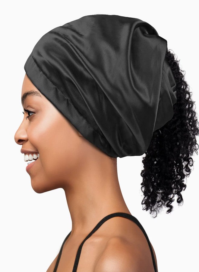 Heerf Large Satin Bonnet Sleep Cap for Curly Hair, Frizzy Hair Women and Men Black - Image 1