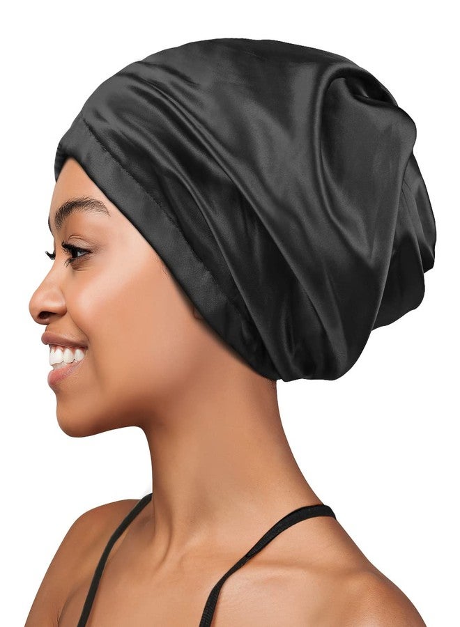 Heerf Large Satin Bonnet Sleep Cap for Curly Hair, Frizzy Hair Women and Men Black - Image 2