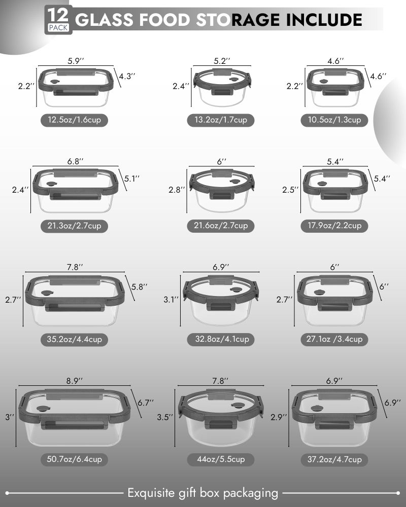 BOROHOUSE 12-Pack Glass Containers with Tempered Lids â€“ Borosilicate, Oven-Safe(-4Â°F~950Â°F), Airtight, BPA-Free, Multi-Size for Meal Prep, Dishwasher Safe (Gray) - Image 2