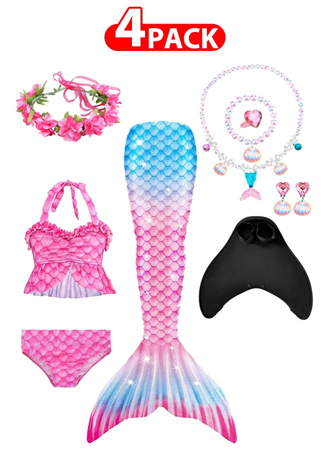 MARGOUN - 4 Pack Mermaid Tails with Mono Fin Sparkle Mermaid Swimsuit for Kids Girls Flower Headband and Mermaid Jewelry Set - Image 1