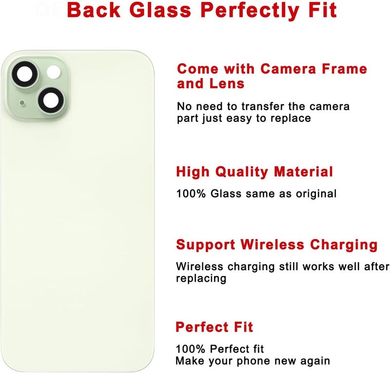 Perzework استبدال الزجاج الخلفي لجهاز آيفون 15 بلس 6.7 بوصة + لوحة مثبتة مسبقًا وإطار كاميرا وعدسة + مجموعة أدوات الإصلاح (أخضر) - Image 3