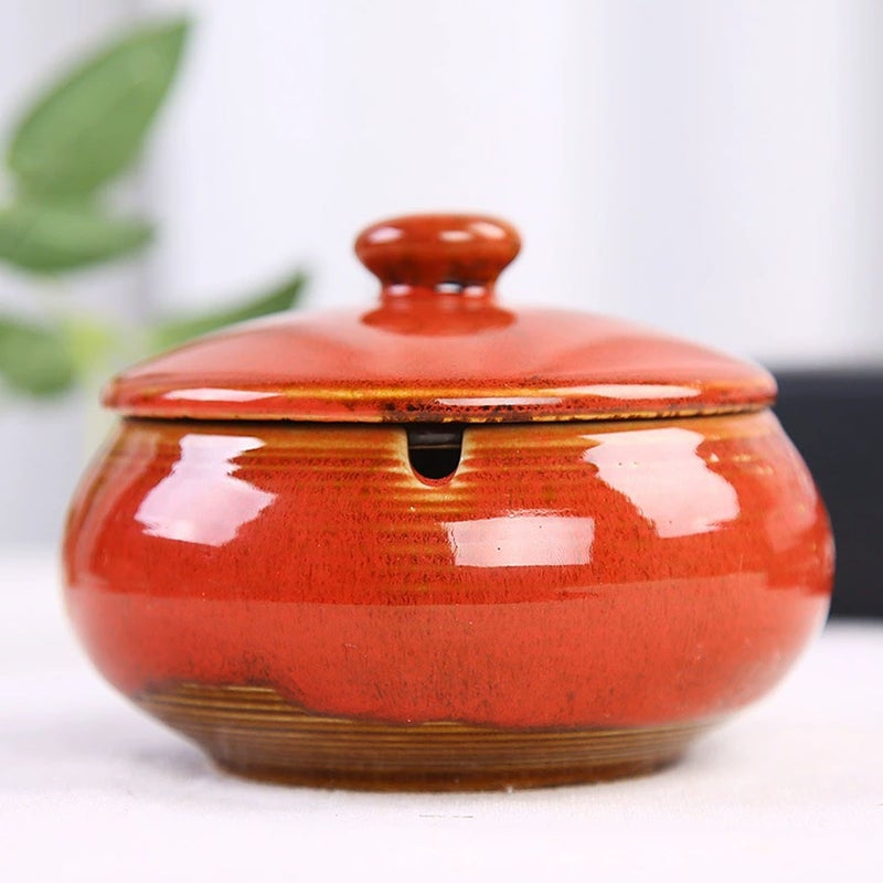 Lidded Ceramic Ashtray - Red Glazed Rustic Pottery With Deep Spacious Container, 3 Cigarette Grooves, Anti-Skid Bottom for Indoor Outdoor Smoking Spaces - Image 1