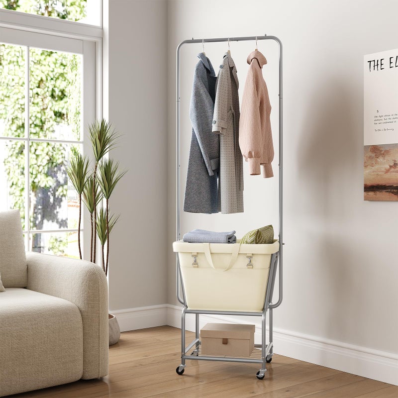 ELYKEN Laundry Cart with Hanging Rack, Rolling Laundry Hamper with Wheels, Laundry Basket with Removable Liner Bag and Shelf, Sturdy Metal Frame Dirty Clothes Basket for Hotel, Home, Closet, Dorm - Image 2