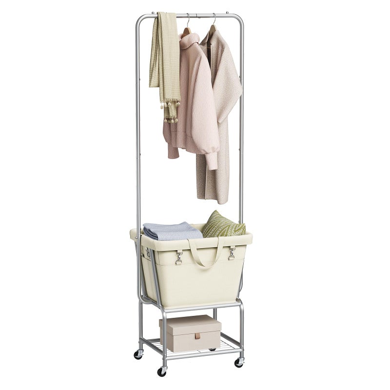 ELYKEN Laundry Cart with Hanging Rack, Rolling Laundry Hamper with Wheels, Laundry Basket with Removable Liner Bag and Shelf, Sturdy Metal Frame Dirty Clothes Basket for Hotel, Home, Closet, Dorm - Image 1