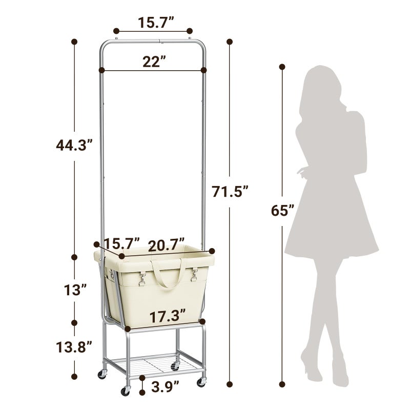 ELYKEN Laundry Cart with Hanging Rack, Rolling Laundry Hamper with Wheels, Laundry Basket with Removable Liner Bag and Shelf, Sturdy Metal Frame Dirty Clothes Basket for Hotel, Home, Closet, Dorm - Image 3