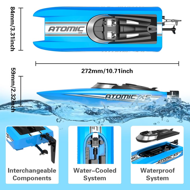volantexrc Remote Control Boats for Pools and Lakes 20+MPH AtomicXS High Speed RC Boat for Adults Toy Boat Gifts with 2 Batteries & Reverse Function (795-5 Blue) - Image 5