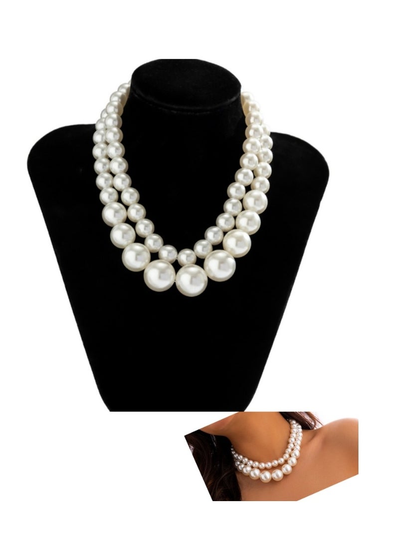 OASIS-TH Imitated Pearl Design Elegant Stylish Double Chain Pearl Necklace - Image 1
