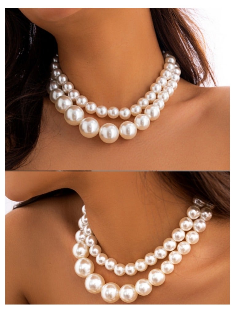 OASIS-TH Imitated Pearl Design Elegant Stylish Double Chain Pearl Necklace - Image 2