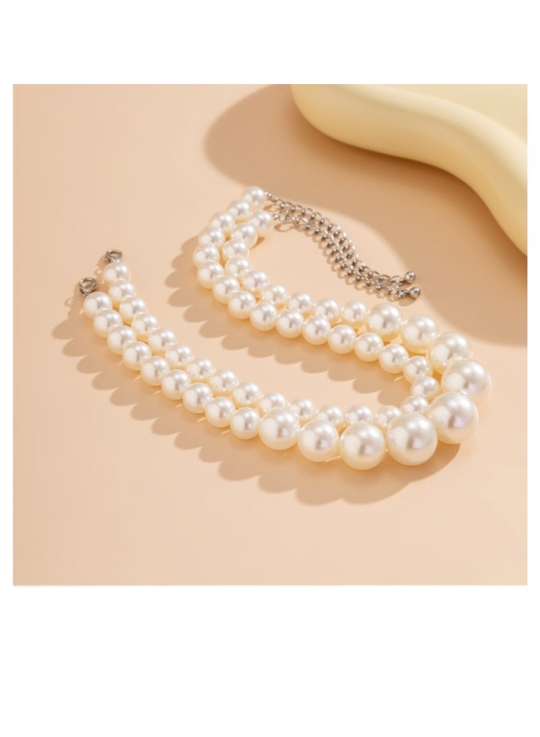 OASIS-TH Imitated Pearl Design Elegant Stylish Double Chain Pearl Necklace - Image 3