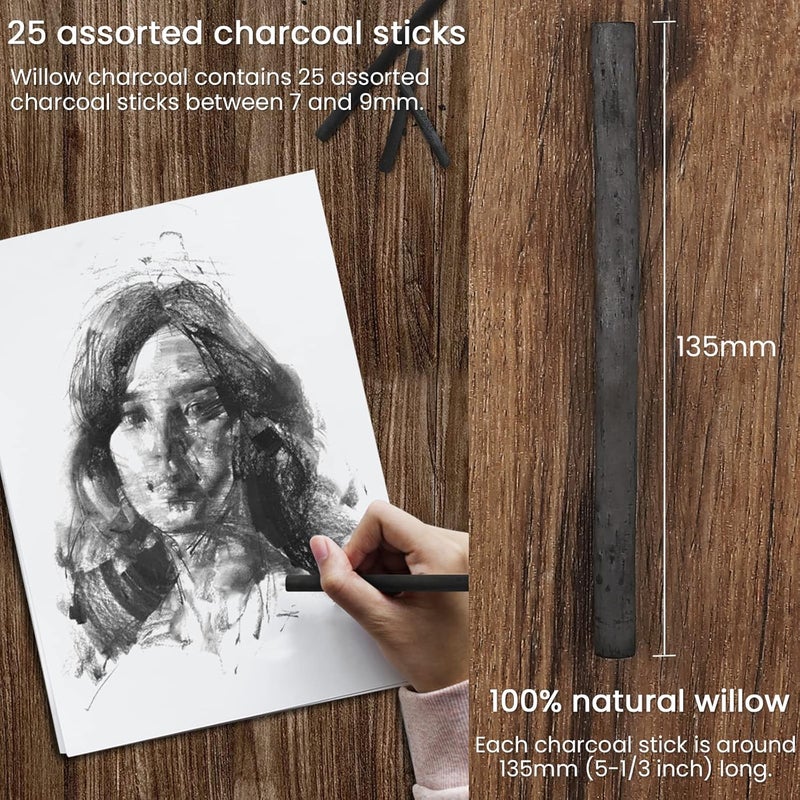 Looneng Willow Charcoal Sticks, Natural Willow Charcoal for Artists, Beginners, or Students of All Skill Levels, Great for Sketching, Drawing, and Shading, Approx 7-9mm in Diameter, Pack of 25 - Image 2